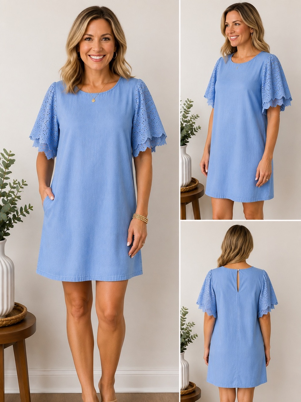 Style Envy Blue Eyelet Embroidered Sleeve Shift Dress Short Sleeve Size M